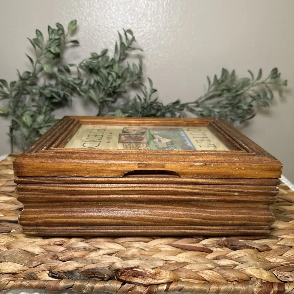 Quilts & Friends Picture Glass Top Keepsake Box Wood Sewing Jewelry Storage Vtg